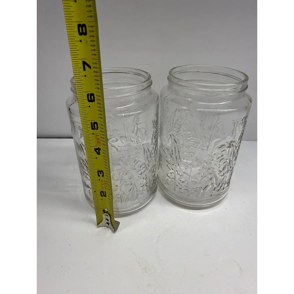 Vintage Lilies of the Valley Clear Glass Jars Embossed Floral Canisters Set of 2